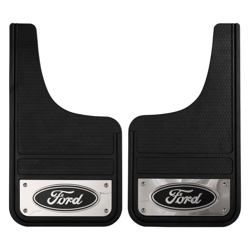 Plasticolor 001837R01 Ford Oval Chrome Plated Heavy-Duty Black Front 12 x 22 Mud Guard Set - Image 1